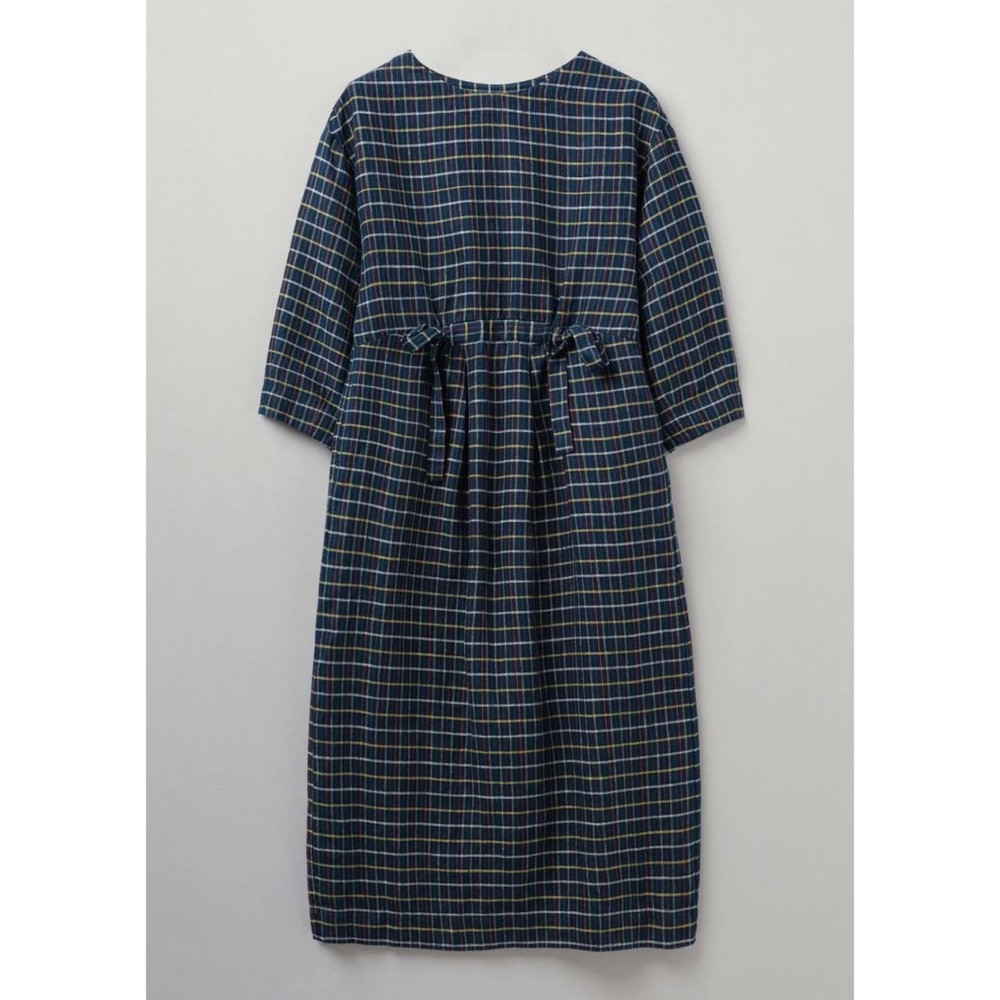 TOAST UK Craft Check Navy Blue Plaid Midi Linen Dress size XL
